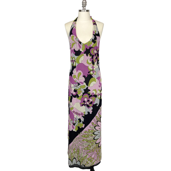 Vintage Dresses & Skirts - Vintage 70s Halter Maxi Dress Funky Print Tissue Tissu Mesh Galeande Paris